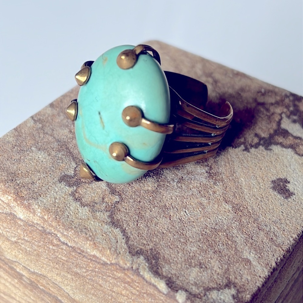 Vintage Jan Michaels Ring Large Turquoise Color Stone Brass San Francisco